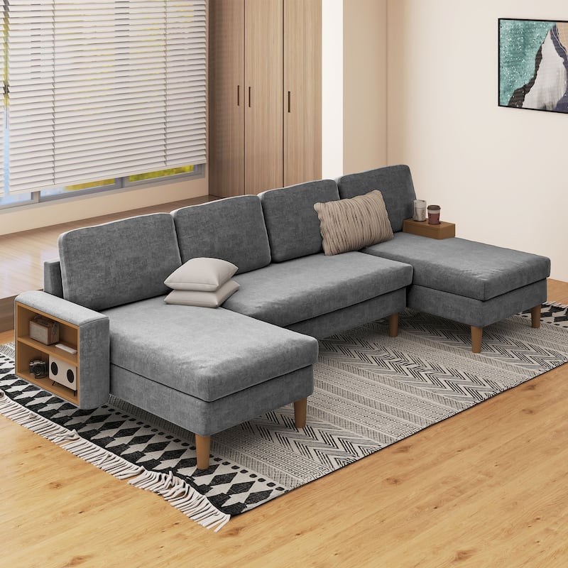 Moasis 109'' U-Shape Sectional Sofa Couch, 4 Seat Sofa Set with Double Chaise, Armrests w/ Cup Holder/Storage, 4 Thick Cushions,