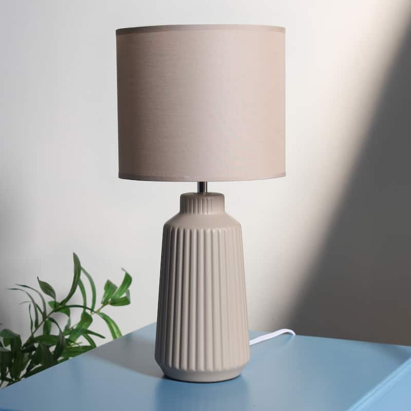Textured Ceramic Table Lamp with Fabric Drum Shade Modern Faceted Base Compact Accent Lighting Multiple Colors