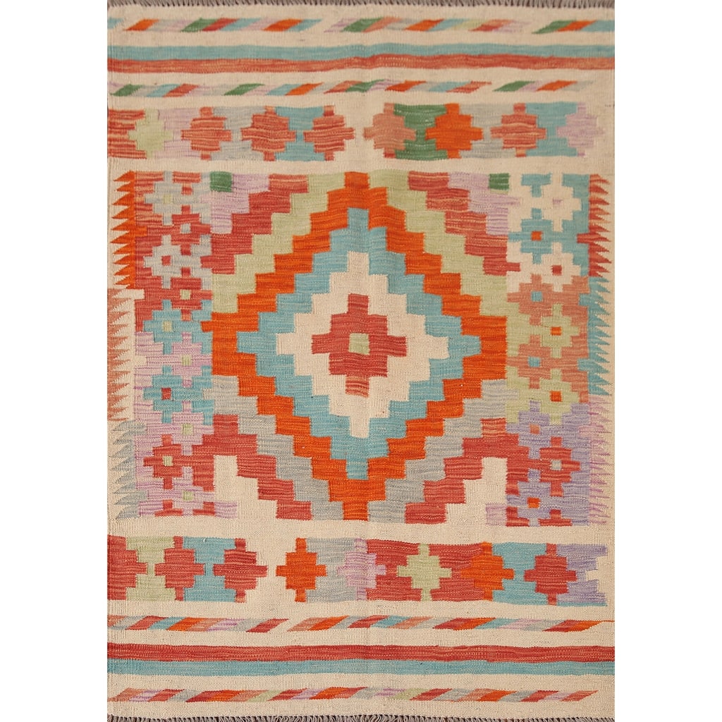 Reversible Kilim Rug Hand-Woven Multi-Wool Carpet - 3'5"x 4'10"