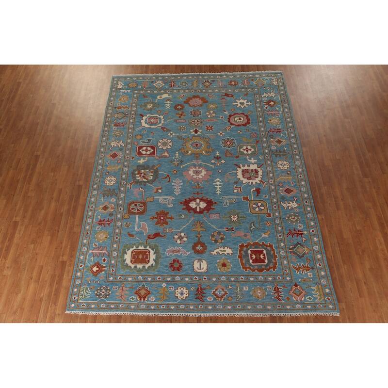 Blue Floral Oushak Area Rug Handmade Wool Carpet - 8'10"x 11'10"