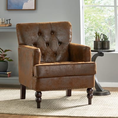 Brown Modern 28" Upholstered Button Tufted Club Chair with Nailheads and Birch Wood Legs