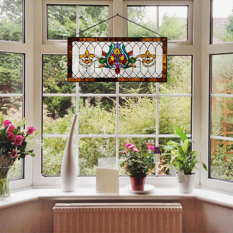 River of Goods Fleur De Lis Stained Glass Pub Window Panel - 30"L x 0.25"W x 14"H