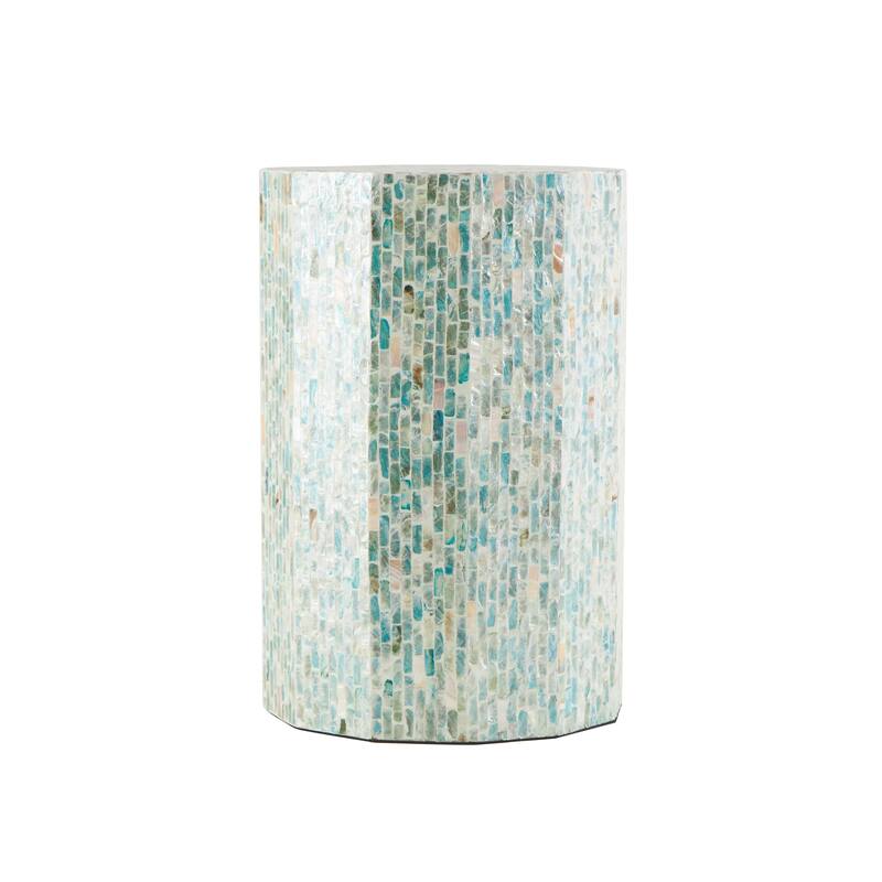 Mother of Pearl Shell Handmade Mosaic Inlay Drum Side End Accent Table - Blue - Roche River Decor