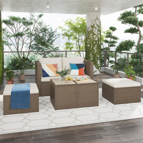 Outdoor 6-Piece Garden Furniture Set, Sectional Sofa with 2 Tea Tables