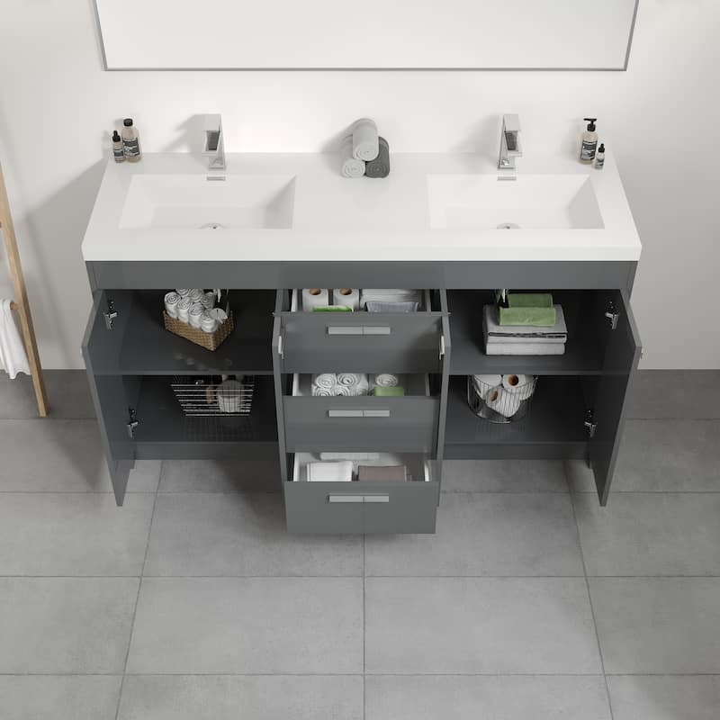Eviva Lugano 60 inch Gray Modern Double Sink Bathroom Vanity with White Integrated Acrylic Top - 60"