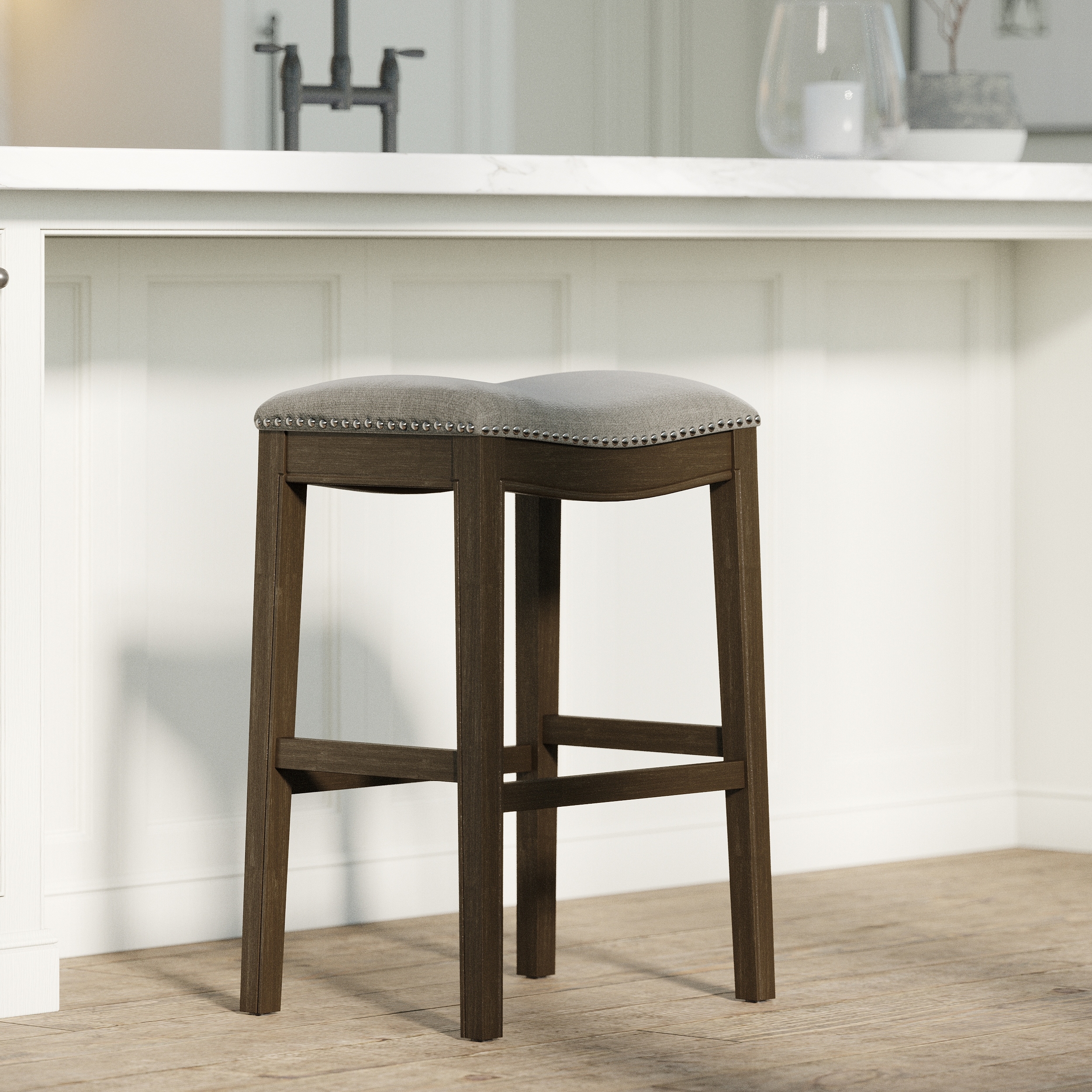 Farmhouse 31" Upholstered Bar Stool with Wood Frame, Saddle Seat & Nailhead Trim by GDFStudio