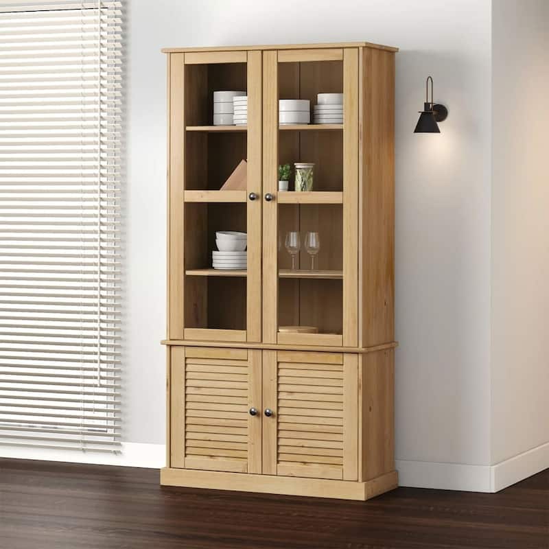vidaXL Glass Display Cabinet Storage Highboard Living Room Solid Wood Pine - 33.5 x 33.5 x 66.9 in