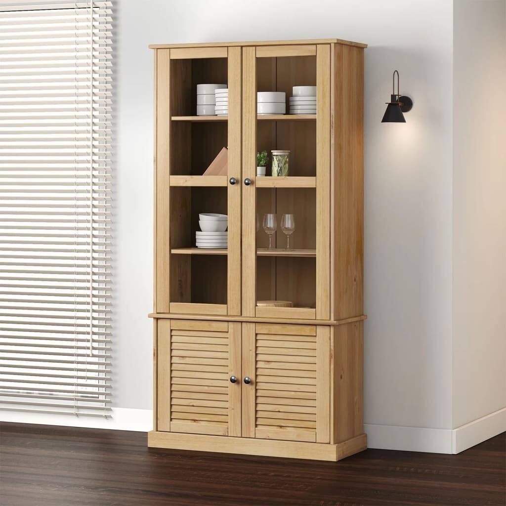 vidaXL Glass Display Cabinet Storage Highboard Living Room Solid Wood Pine - 33.5 x 33.5 x 66.9 in