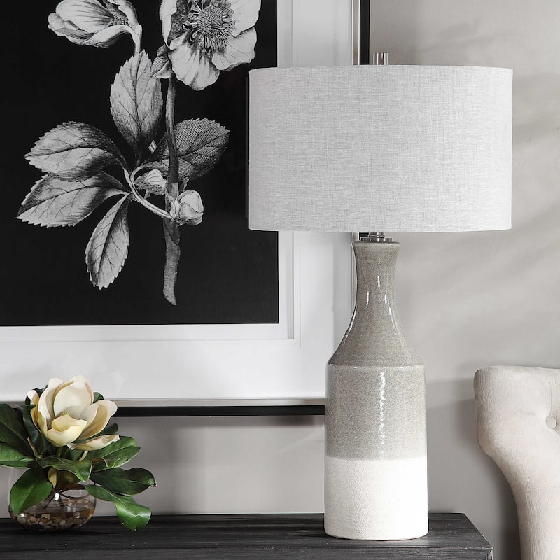 Glossy Ceramic Table Lamp with Drum Shade - 31" - Light Gray and Cream