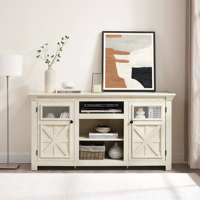 Farmhouse TV Stand 2 Doors Cabinet with Open Shelves, White TV Media Console Cabinet Entertainment Center