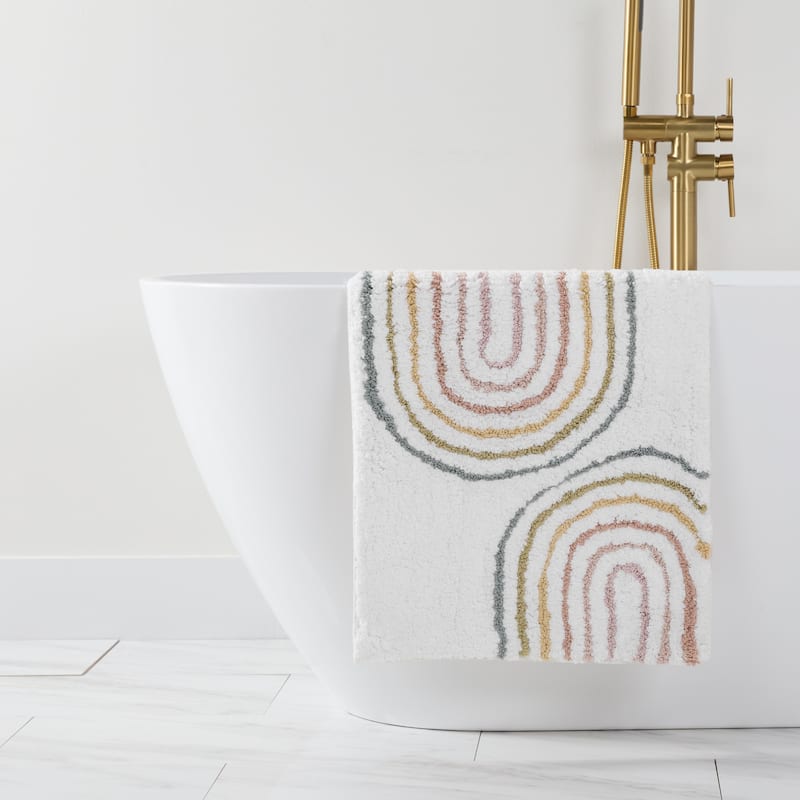 Becky Cameron 100% Cotton Modern Patterned Bath Mat - 24" x 17" - White Geometric