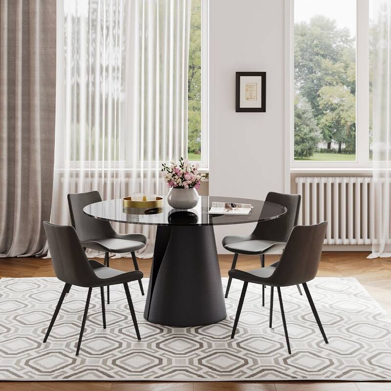 Modern Round White Dining Table，Sintered Stone Tabletop, Solid Black Carbon Steel Base