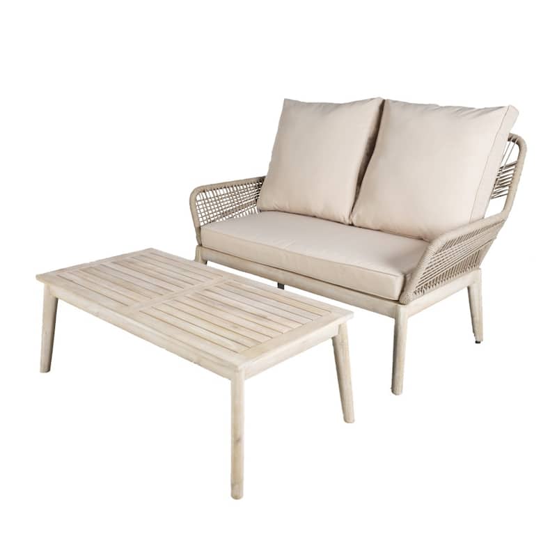 2-Piece Outdoor Acacia Wood Sofa Set with Coffee Table