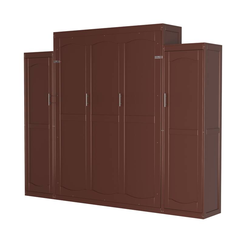Queen Size Murphy Bed, Wooden Queen Wall Bed with 2 Wardrobe and Storage Shelf, Multifunctional Foldable Platform Bedframe