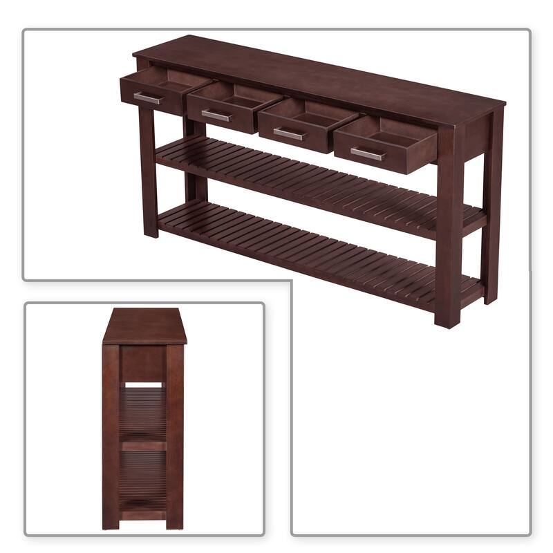 Classic Retro Wooden Living Room Hallway Console Table - Four Drawers and Two Bottom Shelves