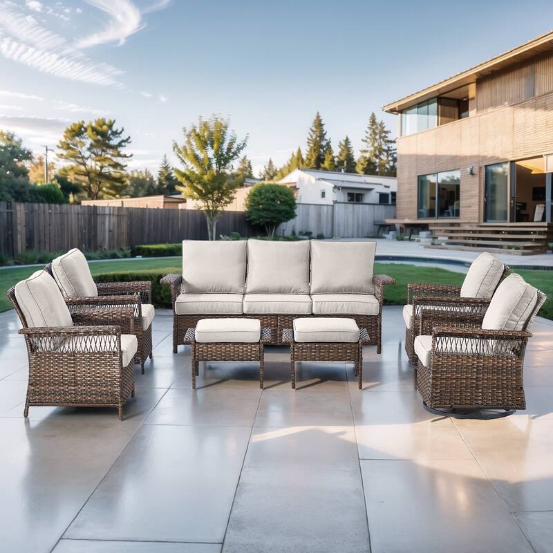 Pocassy Outdoor Swivel Chairs with Sofa Chair Ottoman and Table Set - Brown Wicker Beige Cushion - 5-Piece Sofa Swivel Chair Ottoman w/ Patio Chair