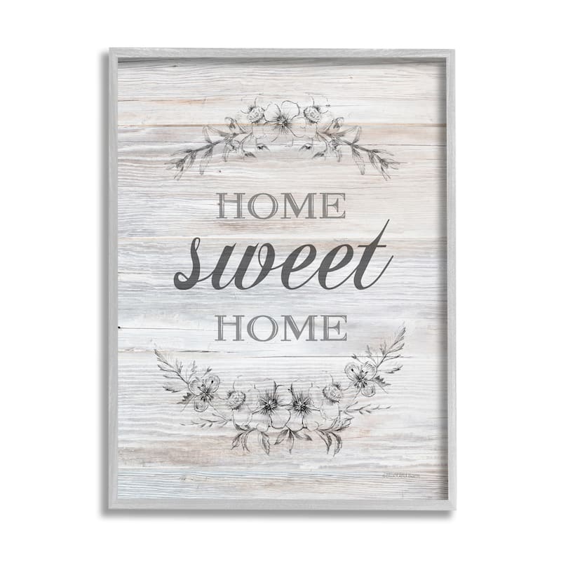 Stupell Home Sweet Home Floral Stencil Ornament Rustic Sign Framed Wall Art,Design by Bluebird Barn - Grey