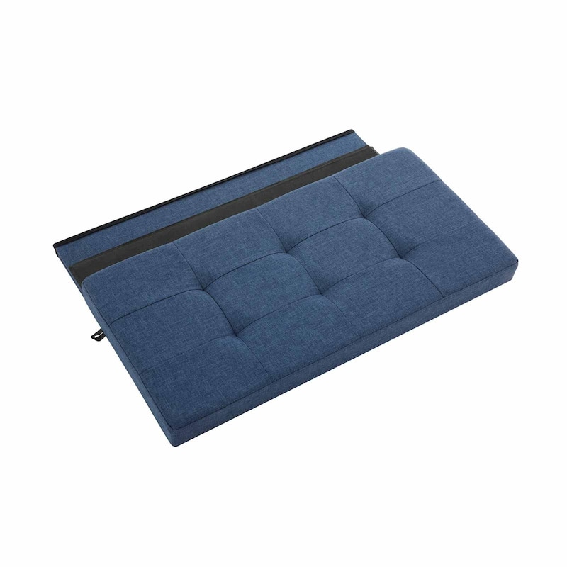 Dark Blue Faux Leather Padded 30-Inch Folding Storage Ottoman Bench with Lid