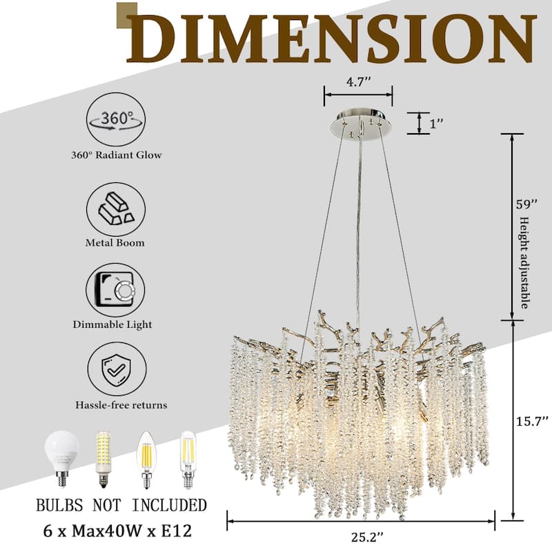 Modern Glam Crystal Chandelier Antique Brass/Polished Nickel Branch Style Pendant Ceiling Light for Dining Room Bedroom