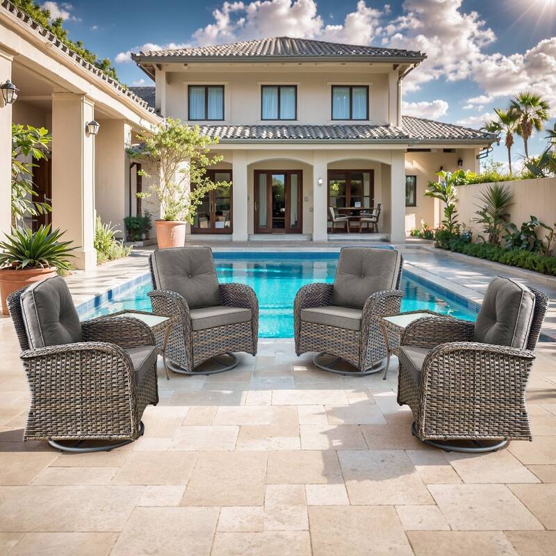 Gymojoy Ergonomic Swivel & Glider / Rocking Chair Set with Side Tables Outdoor Patio Furniture Set - 6-Piece - Swivel Chair - Brown Wicker / Grey Cusion