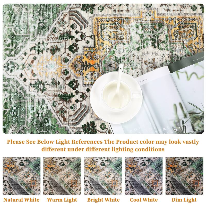 Vintage Medallion Living Room Rug Washable Soft Non-Slip Low Pile Area Rug Indoor Distressed Accent Rug