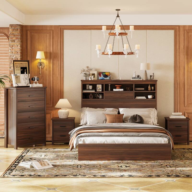 4-Piece Queen Bedroom Set - Storage Headboard with Charging, 2 Nightstands & 5-Drawer Dresser - Walnut