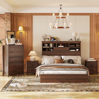 4-Piece Queen Bedroom Set - Storage Headboard with Charging, 2 Nightstands & 5-Drawer Dresser