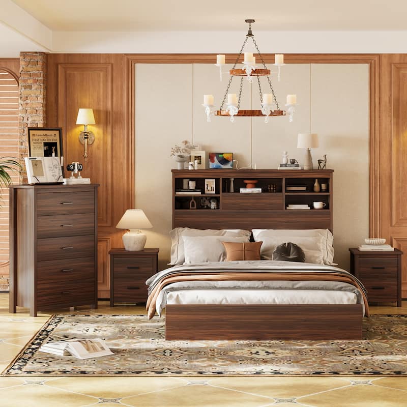 Queen 4PCS Wooden Bedroom Set with Storage Headboard and Charging Station