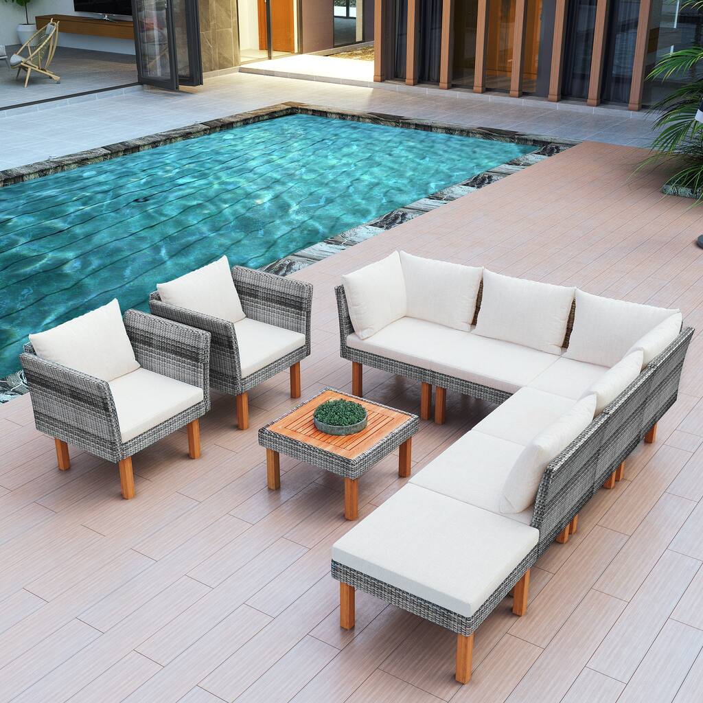 5-Piece All-Weather Wicker Patio Furniture Set with Acacia Wood Table and PE Rattan