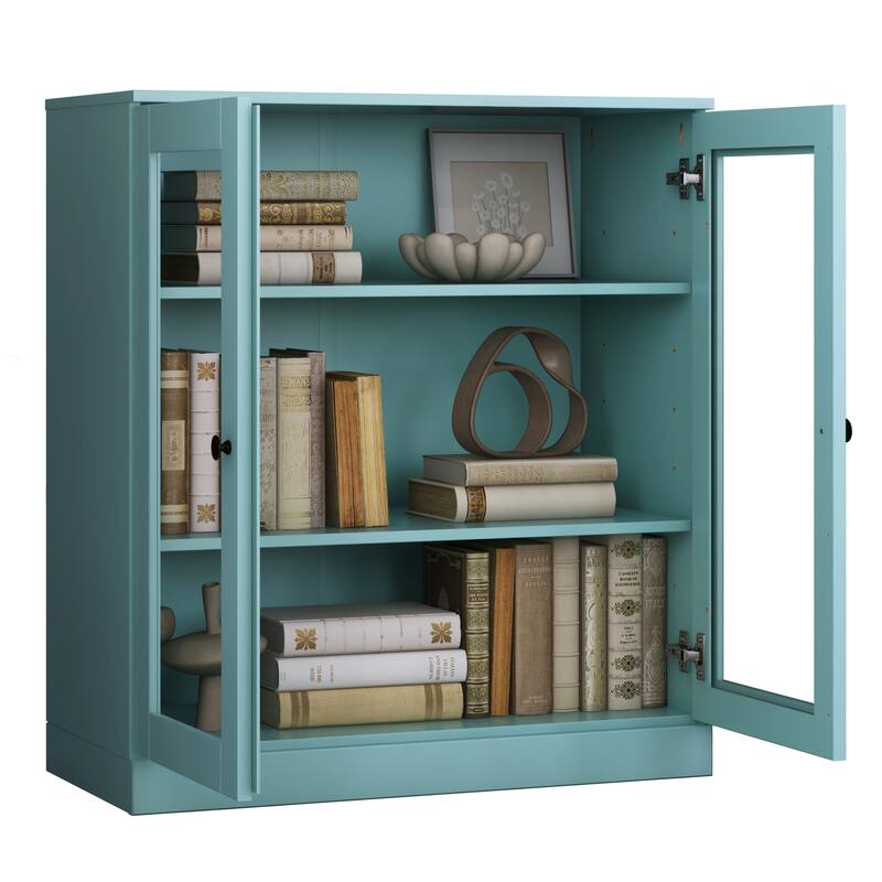 Palace Imports 100% Solid Wood 3-Shelf Bookcase, Clear Glass Doors, Adjustable Shelves, 32" Wide, 35.75" Tall