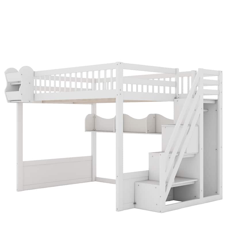 Queen Wooden Loft Bed with Storage Staircase Wardrobe, 2 Side Shelves, 3 Storage Shelves and Versatile Under-Bed Space