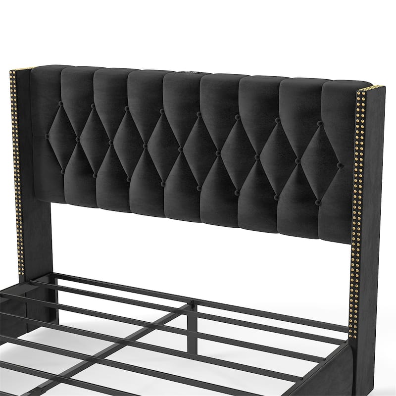 Full Size Bed Frame with 2 Storage Drawers and Wingback Headboard
