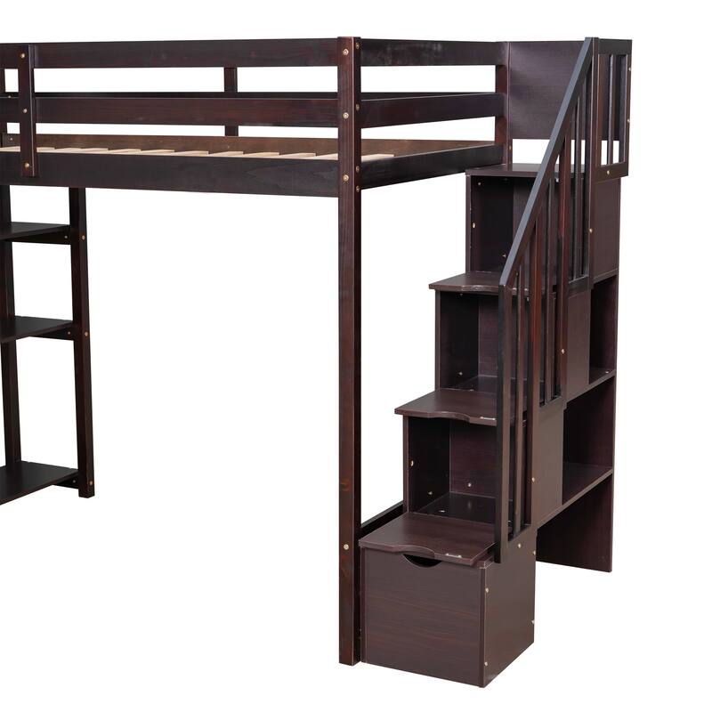Twin Size Wooden Loft Bed with Storage Drawers, Shelves, and Stairs - Espresso