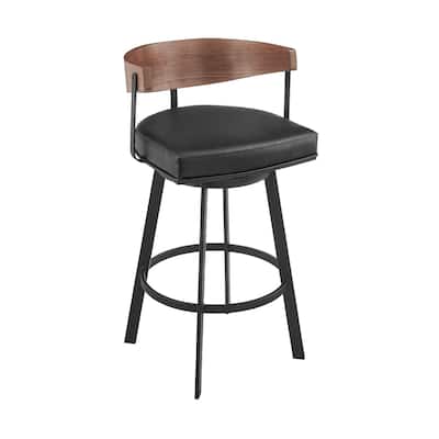 Black Faux Leather Bar Height Chair with Wood Arms, Footrest and Low Back - 20.5” x 20.5” x 38” (D x W x H)