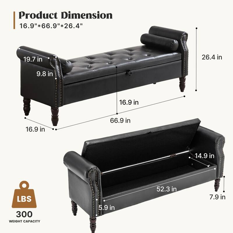 HOMYKA 66.9" Tufted Storage Bench with Rolled Arms Ottoman Long Bench