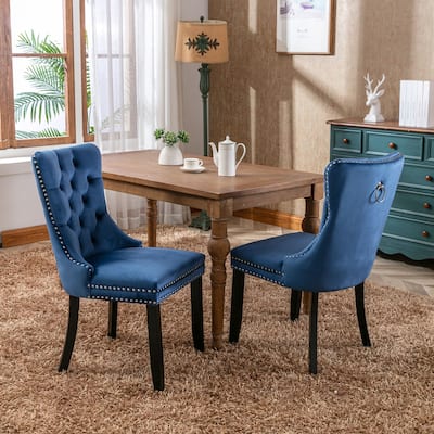 2Pcs Set Dining Chair Velvet Upholstered with Nailhead Trim Solid Wood Legs High-end Tufted Luxury Wingback Dining Side Chair