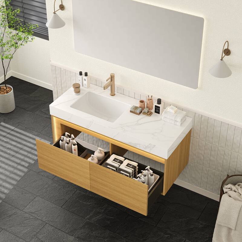 GDFStudio - Nyah Modern Floating Bathroom Vanity with Ultra-Slim Grille Drawer, Sensor Light & Carrara White Sintered Stone Top - 48" - Light Oak