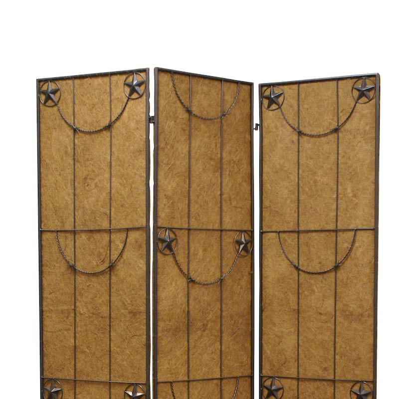 3 Panel Foldable Canvas Grill Screen with Lone Stars, Brown - 6 x 12