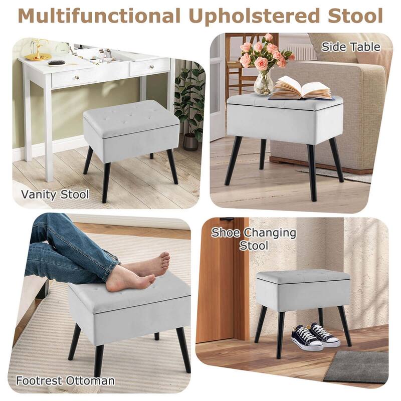 Costway 2 PCS Velvet Vanity Stools with Storage Solid Wood Legs - See Details