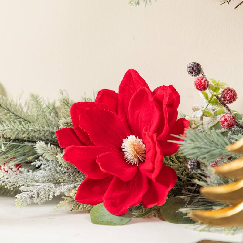 Glitzhome Christmas Red Mangnolia & Berry Wreath Garland Teardrop Hanging Decor