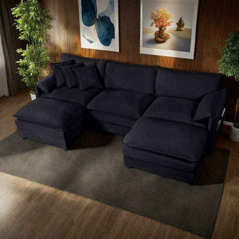 109.45" Chenille Upholstered U-Shaped Modular Sectional Sofa with Double-Layer Cushions, DIY Combination - Black