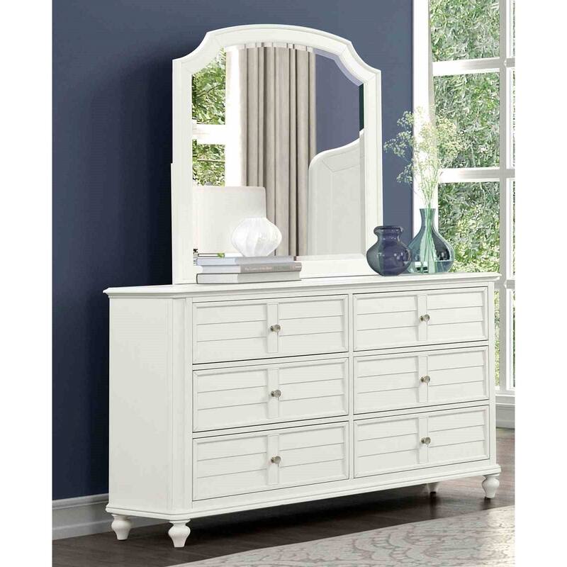 Transitional Antique White Finish 4 PC Bedroom Furniture Set Louvered Headboard Bed