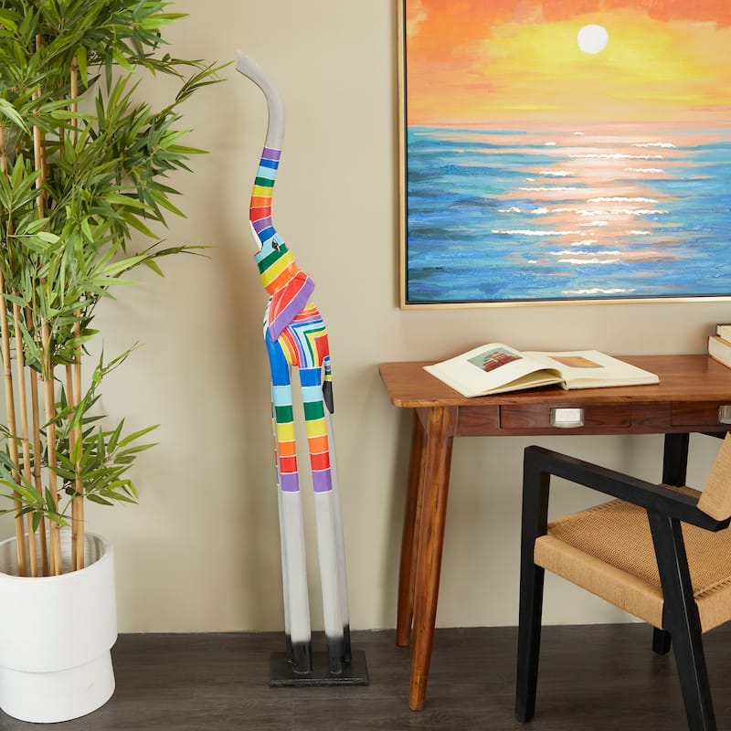 Vibrant Handmade Safari Animal Sculpture Collection - Wood or Metal Elephant & Giraffe for Indoor & Outdoor Decor - 59"H, 9.50"W-Elephant-Multi Colored