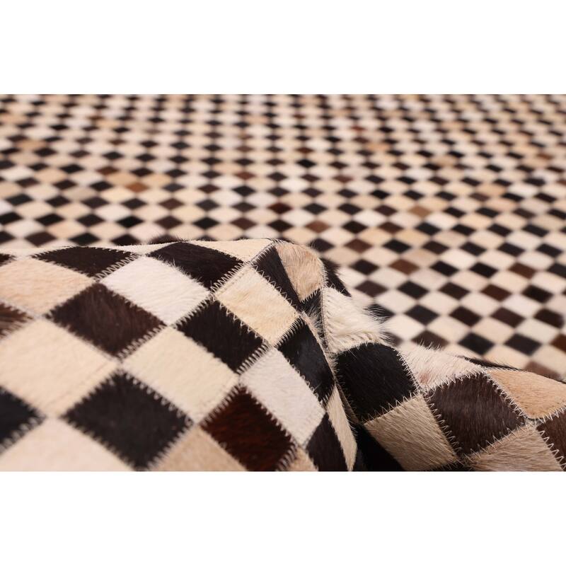 ECARPETGALLERY Handmade Cowhide Patchwork Brown, Cream Leather Rug - 8'1 x 10'0