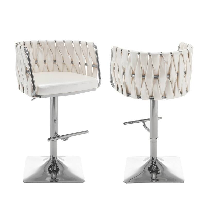 Best Quality Furniture Adjustable Upholstered Barstools with Square Chrome Finish Base (Set of 2) - White Faux Leather / Silver