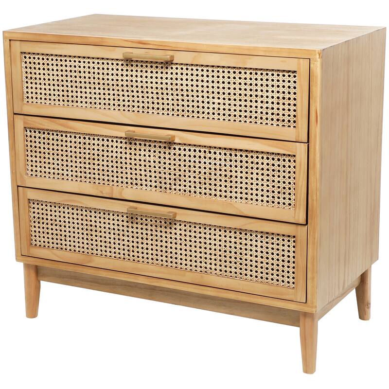 Wood 3 Drawer Chest with Beige Rattan Drawers and Gold Handles - Light Brown or Black - Roche River Decor