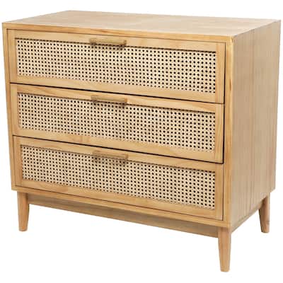 Wood 3 Drawer Chest with Beige Rattan Drawers and Gold Handles - Light Brown or Black - Roche River Decor