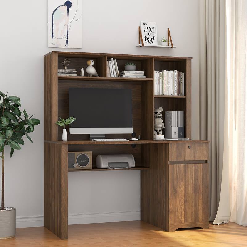 Wooden Computer Desk with Hutch & Bookshelf, Executive Desk Home Office Desk with 3 AC Outlets and 2 USB Charging Ports - Brown