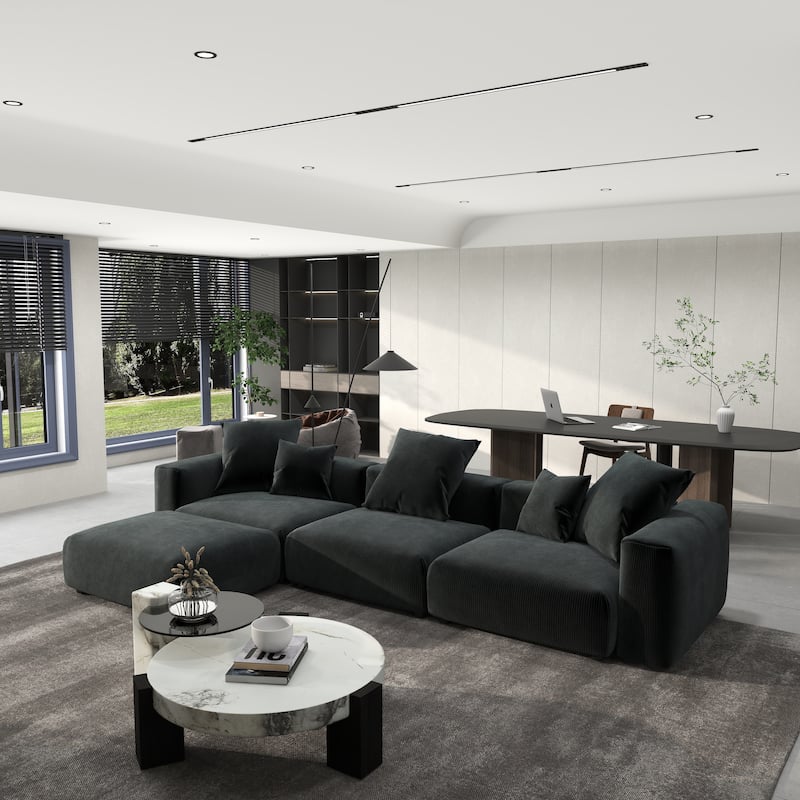 142" L-shape Oversized Corduroy Sectional Sofa Classic Deep Couch with Ottoman