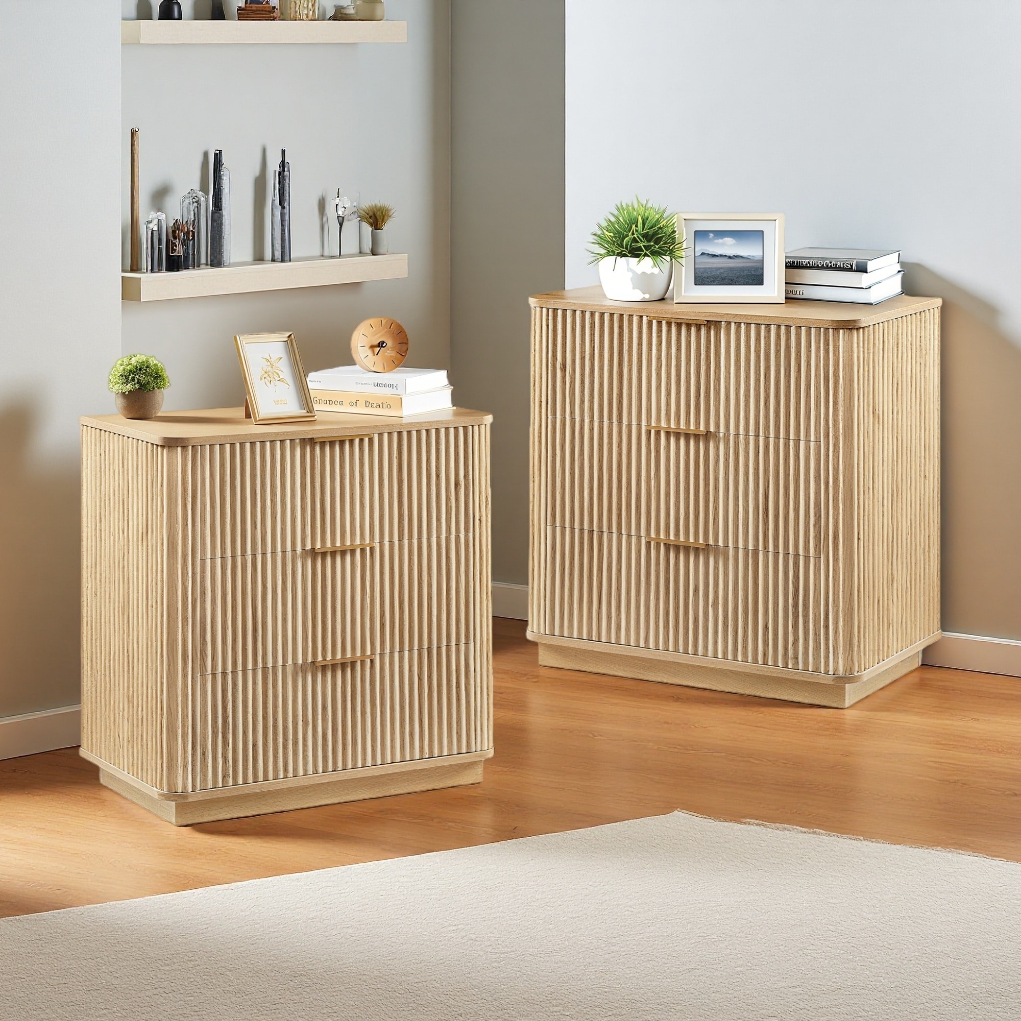 2PCS 27.6"L Oak MDF 3-Drawer Dresser with Curved Wave Design, Nightstand & Side Table